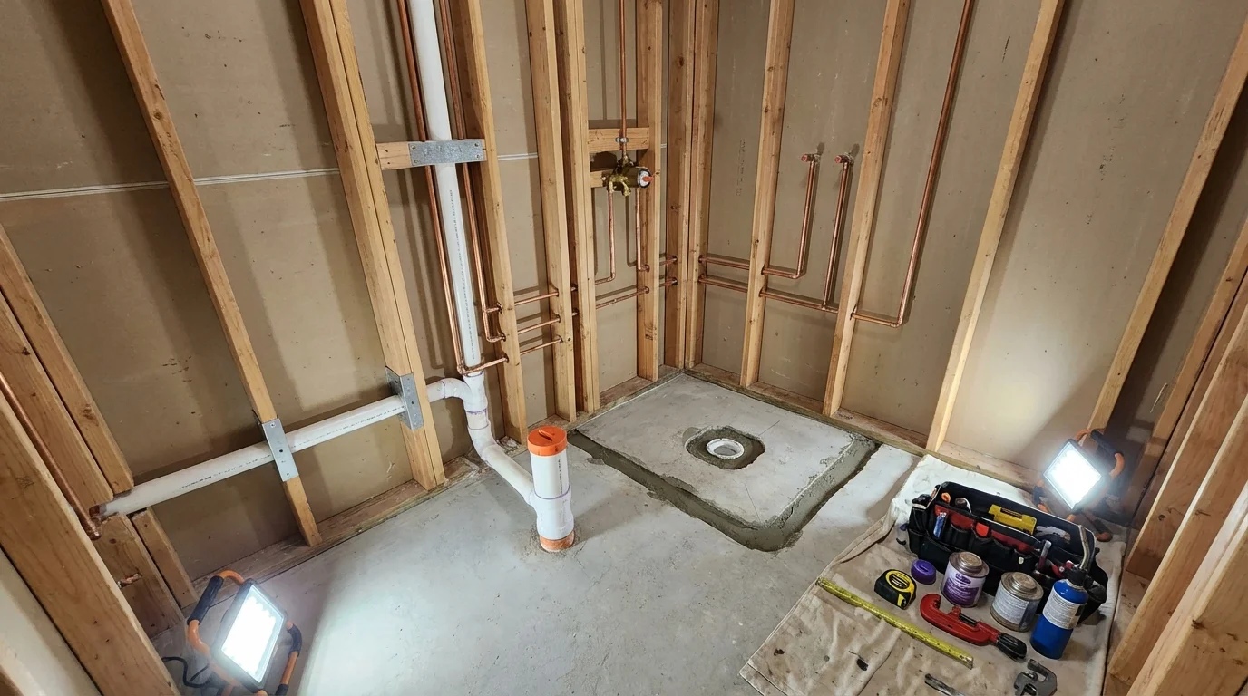 Bathroom rough-in plumbing during remodel by Johns Plumbing LLC in South Dos Palos