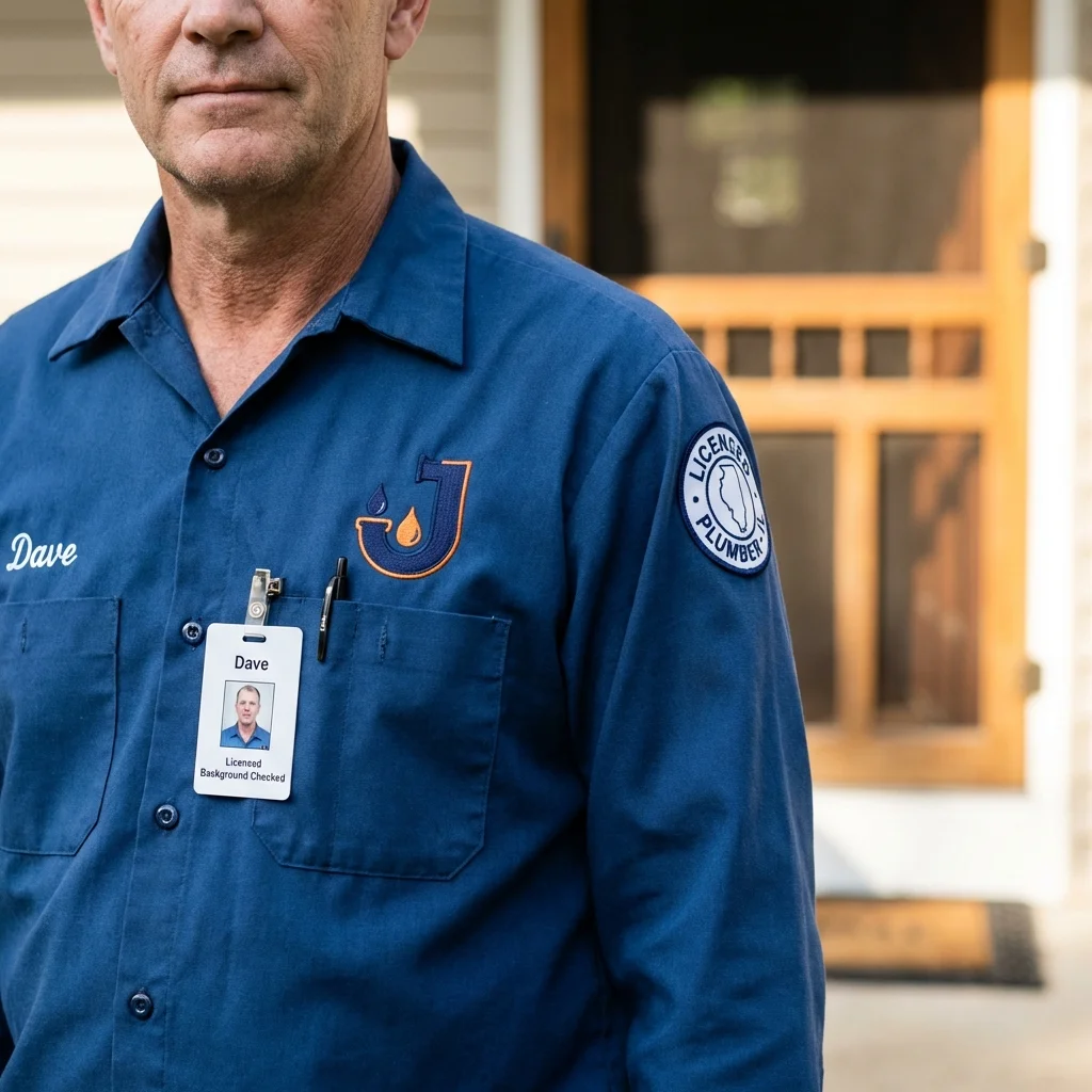 Licensed plumber showing ID badge in South Dos Palos, CA