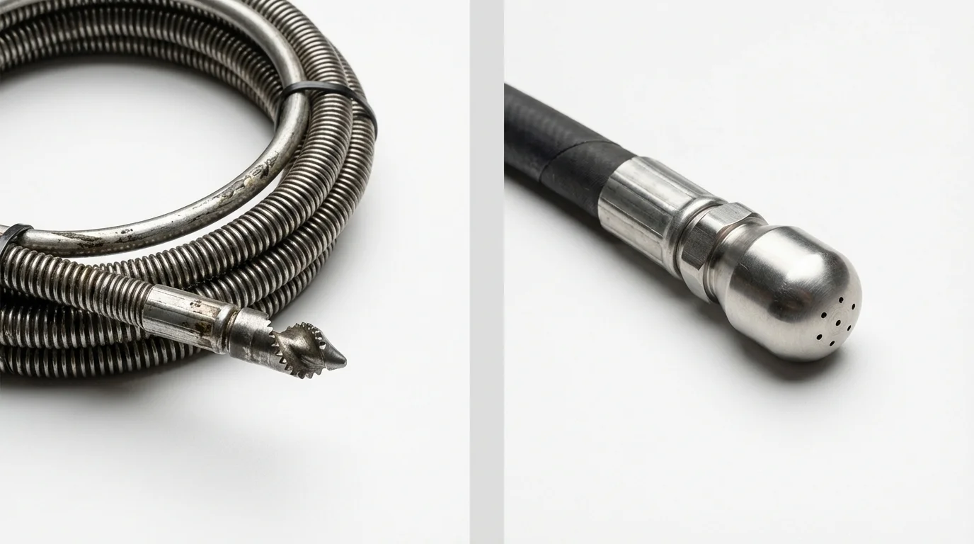 Drain snake cable and hydro jetting nozzle used for drain cleaning in South Dos Palos, CA