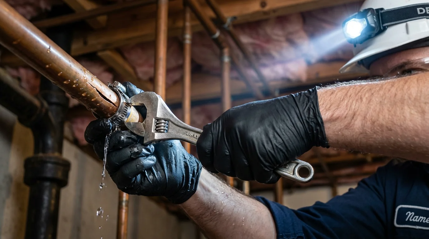 Emergency pipe clamp repair being performed by a Johns Plumbing LLC plumber in South Dos Palos
