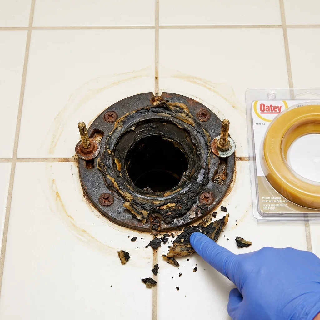 Failed wax ring showing water seepage at the base of a toilet in a South Dos Palos, CA home