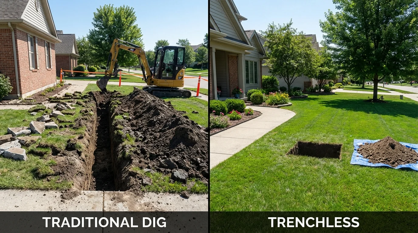 Trenchless sewer repair with minimal yard damage versus traditional excavation in South Dos Palos, CA