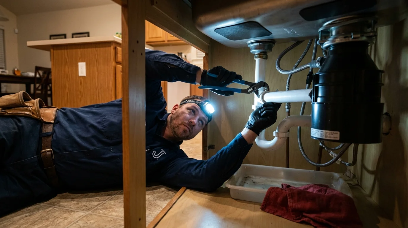 P-trap and supply line connections under a kitchen sink showing a common leak point in South Dos Palos, CA