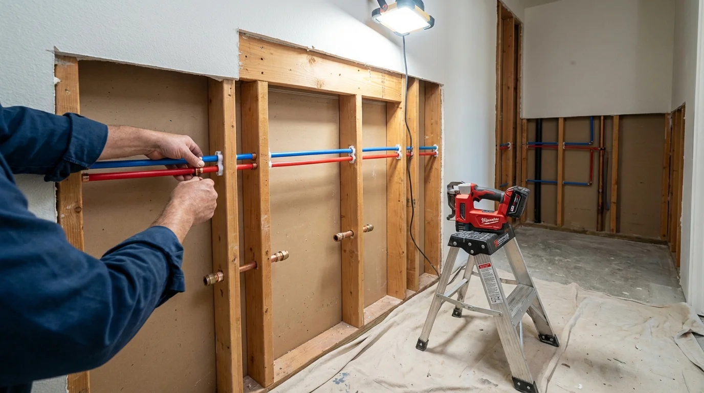 Old galvanized pipes being replaced with modern PEX piping during a whole-house repipe in South Dos Palos, CA